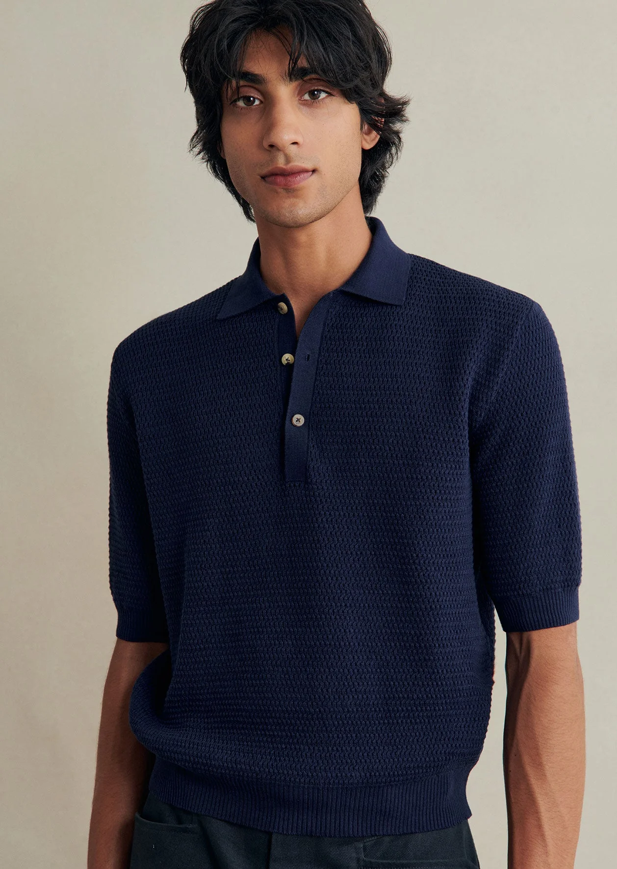 De Bonne Facture Cotton Honeycomb Knitted Polo Shirt: Navy - Image 4