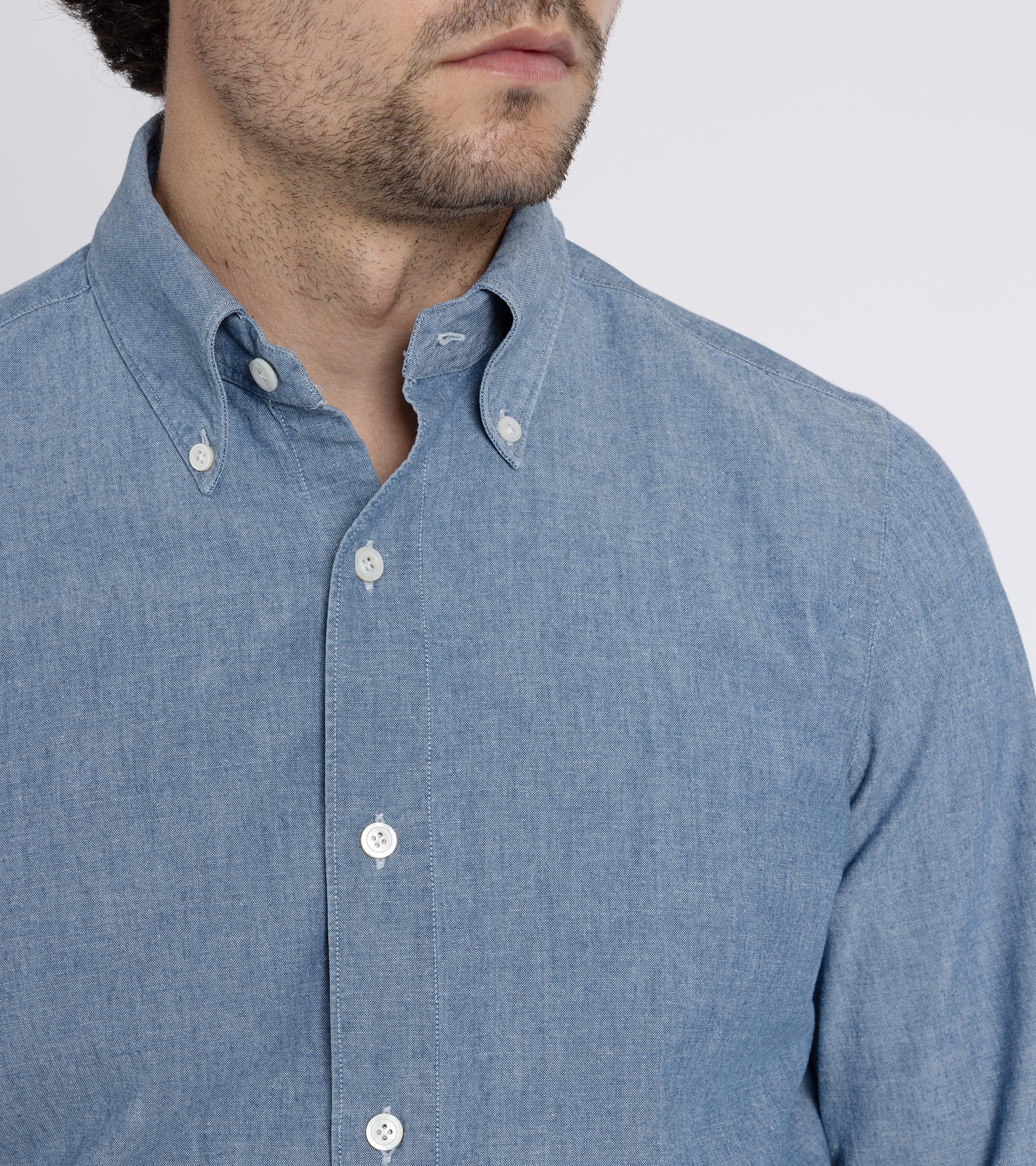 Finamore Gaeta Classic Cotton Leonardo Button Down Sport Shirt: Chambray - Image 7