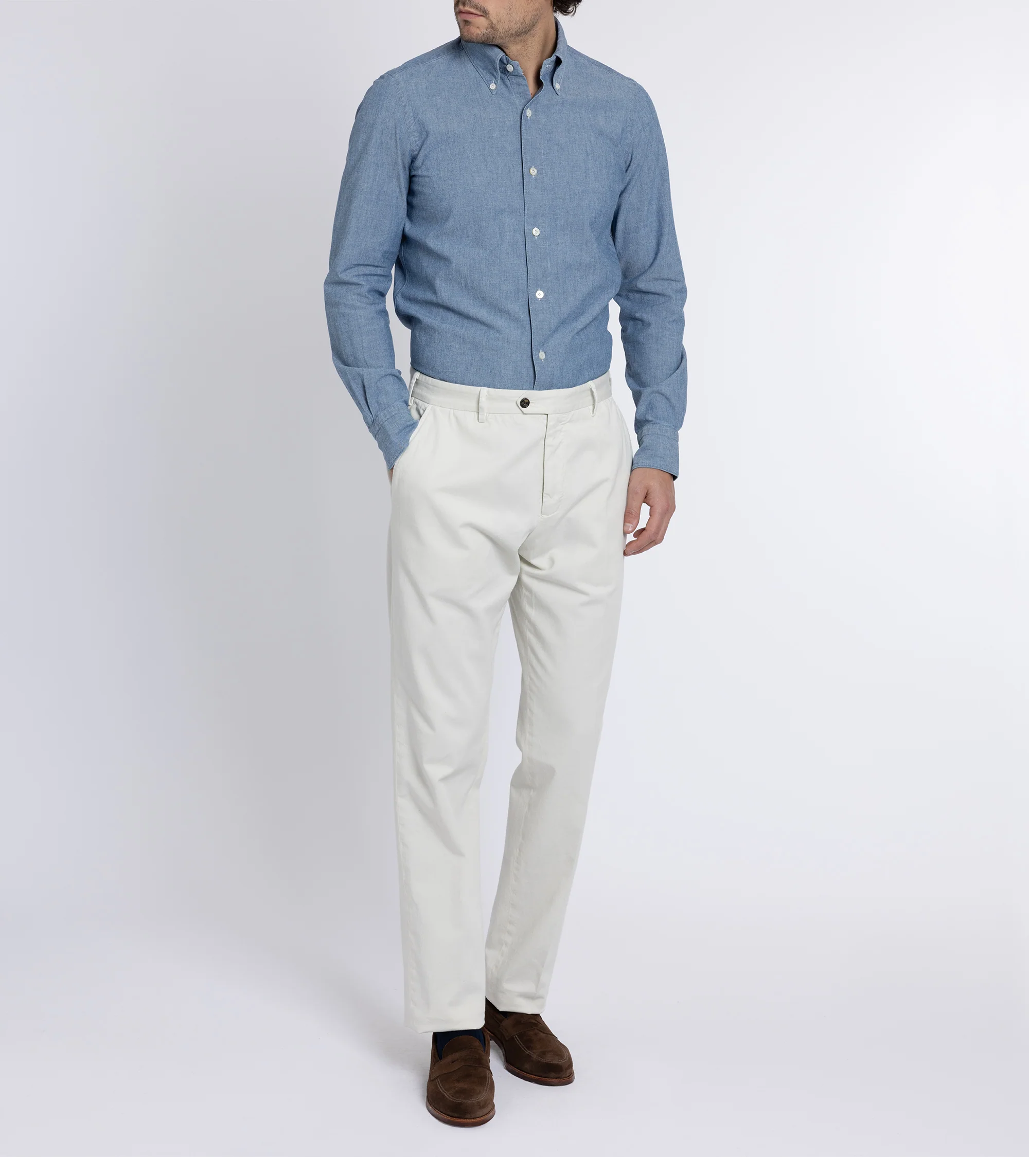 Finamore Gaeta Classic Cotton Leonardo Button Down Sport Shirt: Chambray - Image 9