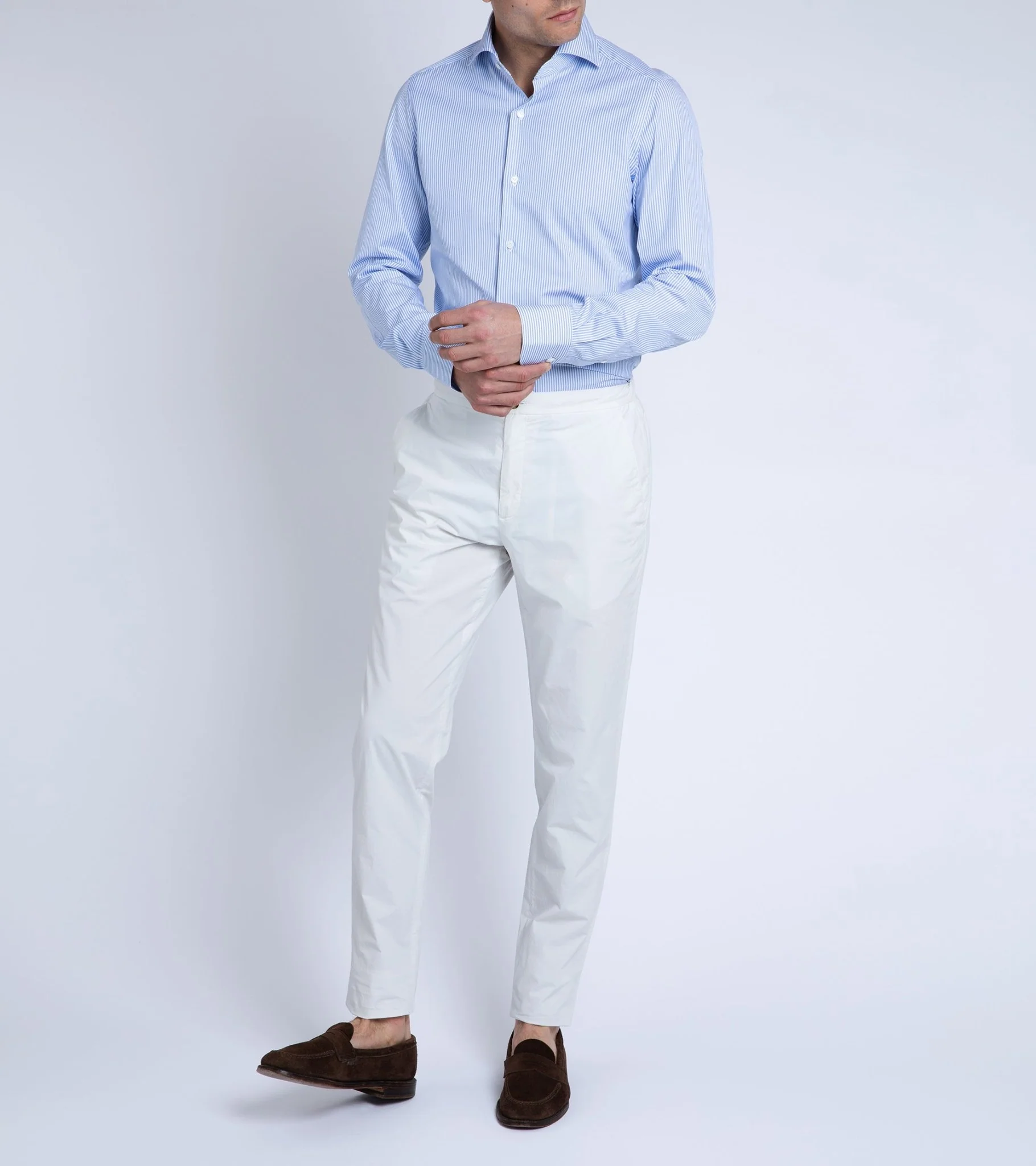 Finamore Milano Eduardo 120 Double Twist Cotton Formal Shirt: Blue Stripe - Image 5