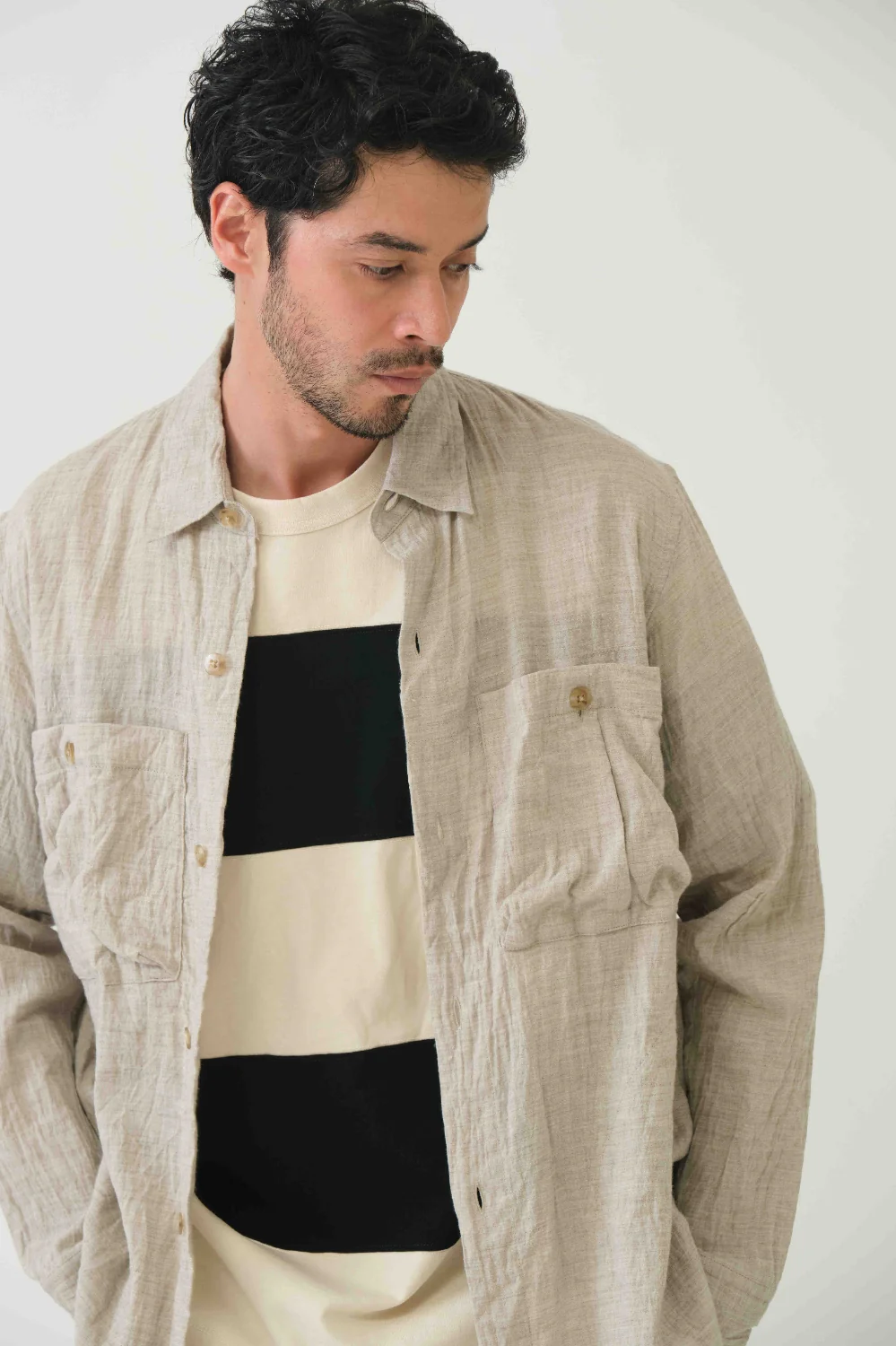 Sage de Cret Linen Cotton Washed Lawn Cloth Work Shirt Jacket: Ecru - Image 5