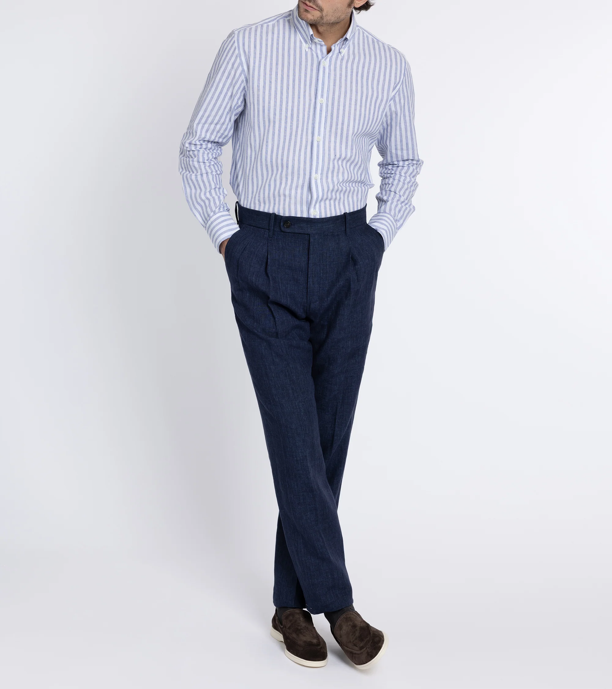 Trunk Eldon Cotton Linen Stripe Shirt: Dark Blue - Image 7